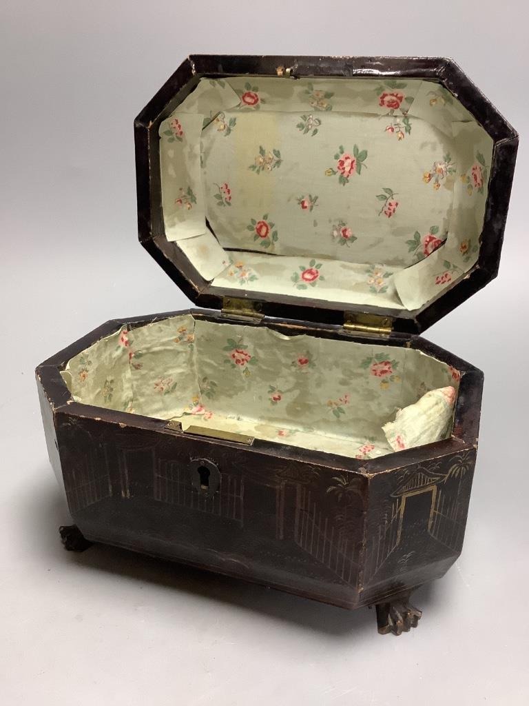 A late Georgian chinoiserie-lacquered tea caddy